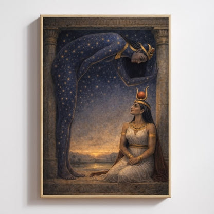 Egyptian mythology art print featuring Nut arching over a goddess at dusk with symbolic crowns