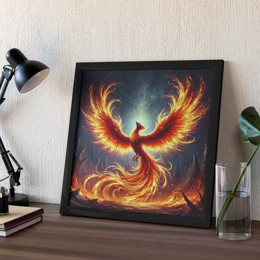 A fiery orange and yellow phoenix bird art print with outstretched wings against a dark blue background with white stars.
