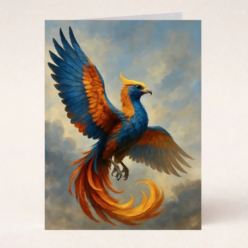 Mythical phoenix greeting card featuring a vibrant blue, orange, and gold bird in flight