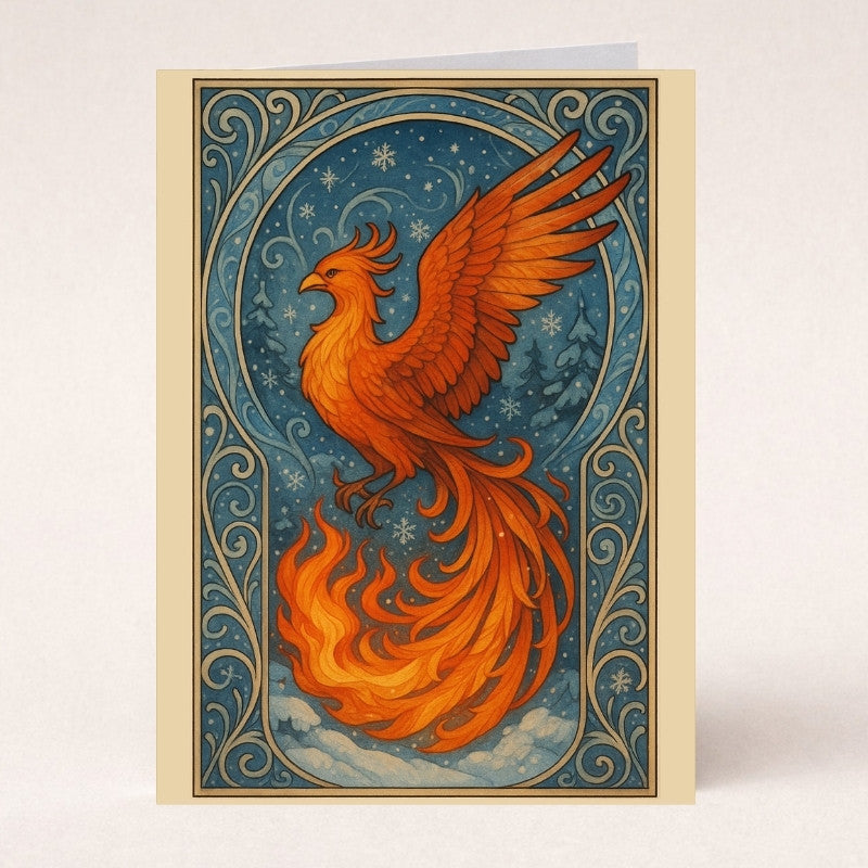 Mythical phoenix firebird art greeting card with ornate fiery feathers and blue starry background