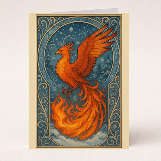 Phoenix illustration greeting card featuring a fiery orange phoenix in an art nouveau frame against a blue winter background