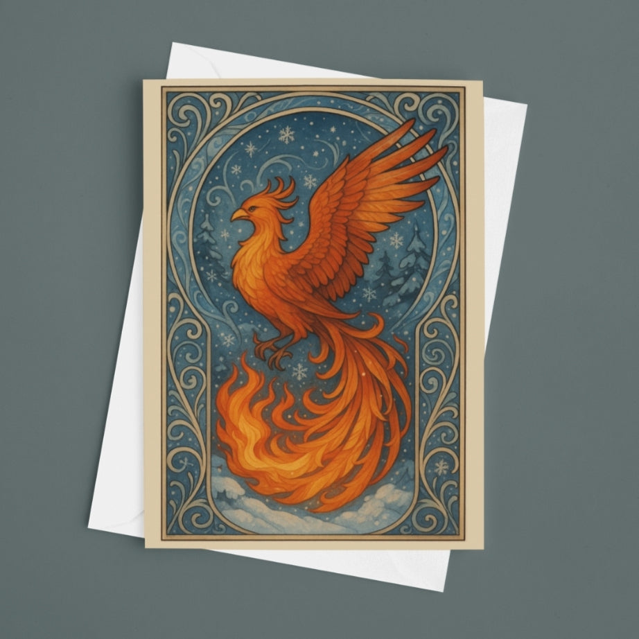 Mythical phoenix firebird art greeting card with ornate border and starry night background