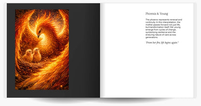 Open book showing phoenix and chicks illustration representing renewal and maternal symbolism