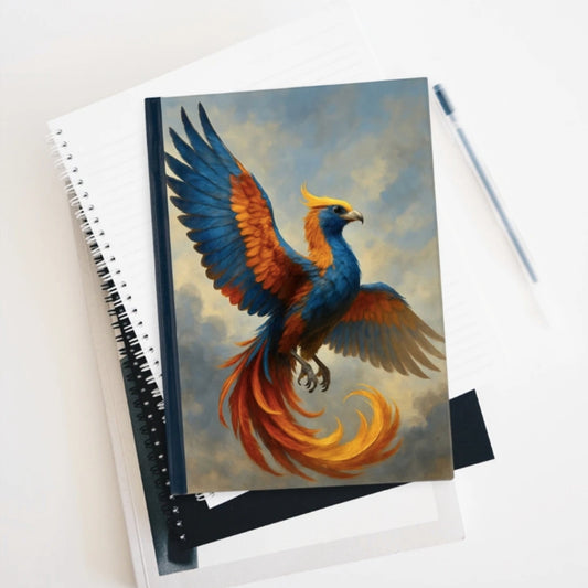 A notebook featuring a vibrant phoenix illustration. The phoenix has blue wings, orange and red tail feathers