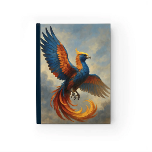 A notebook featuring a vibrant phoenix illustration. The phoenix has blue wings, orange and red tail feathers