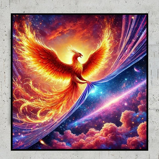 Fiery orange phoenix soaring through the cosmos with wings spread wide, surrounded by galaxies stars 