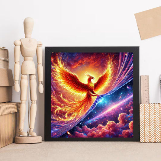 Fiery orange phoenix soaring through the cosmos with wings spread wide, surrounded by galaxies stars 