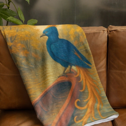 Soft fleece blanket featuring a blue and orange phoenix perched on a red canoe over golden waters