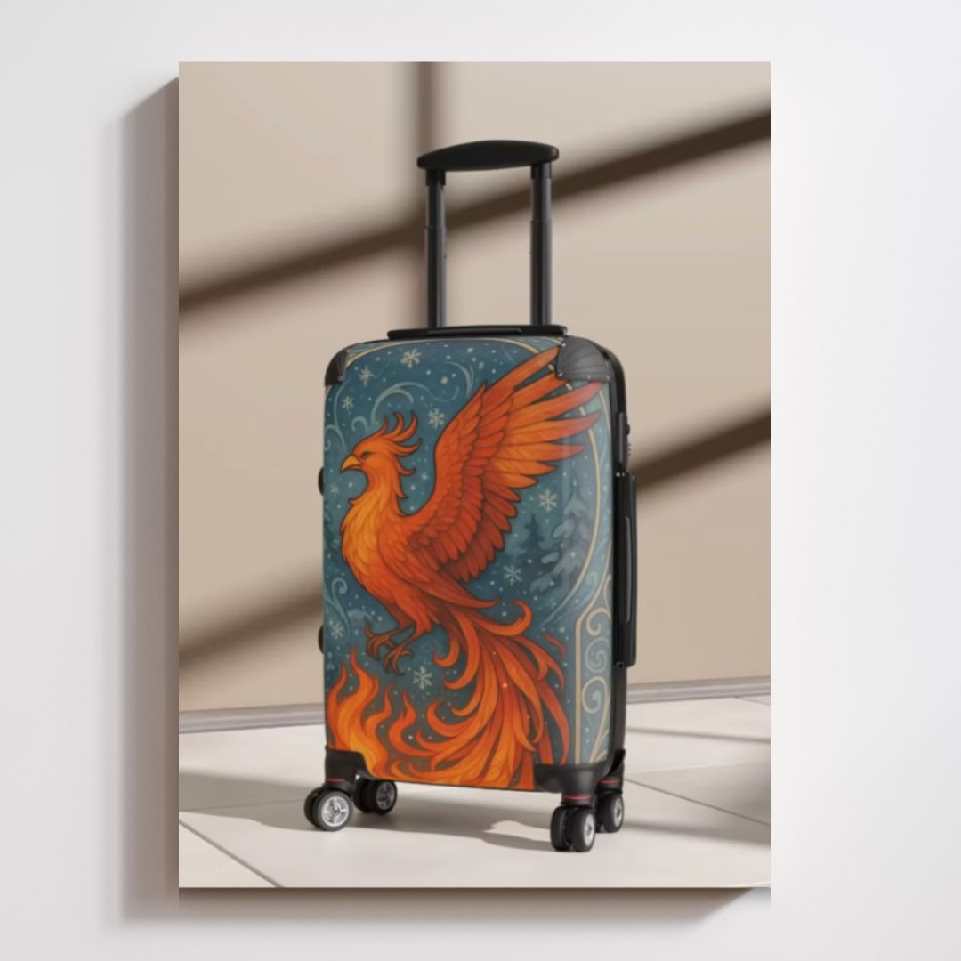 Suitcase featuring a vibrant phoenix design in fiery orange and red tones with Art Nouveau-inspired details.