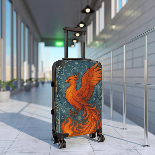 Suitcase featuring a vibrant phoenix design in fiery orange and red tones with Art Nouveau-inspired details.