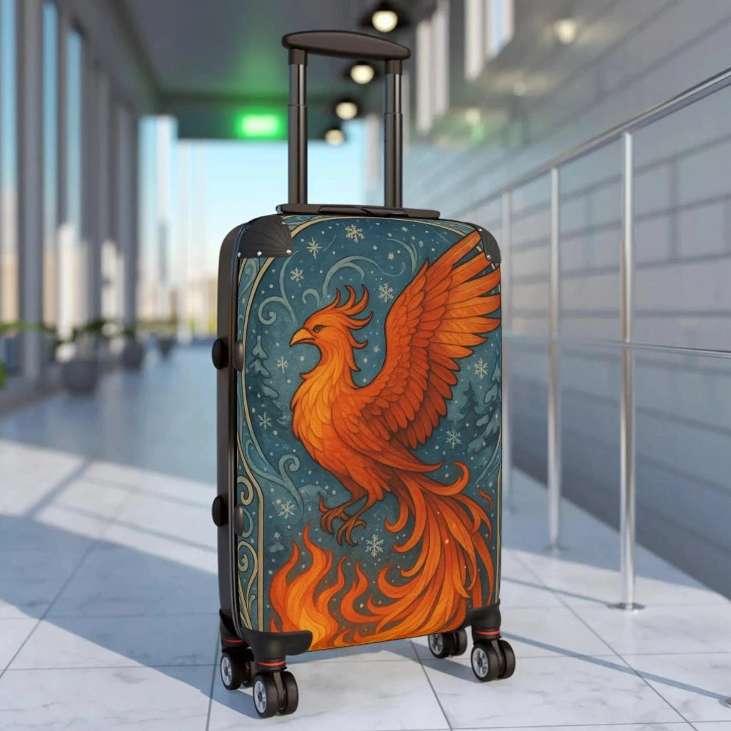 Phoenix design travel suitcase with vibrant orange bird and flames, mythological art luggage
