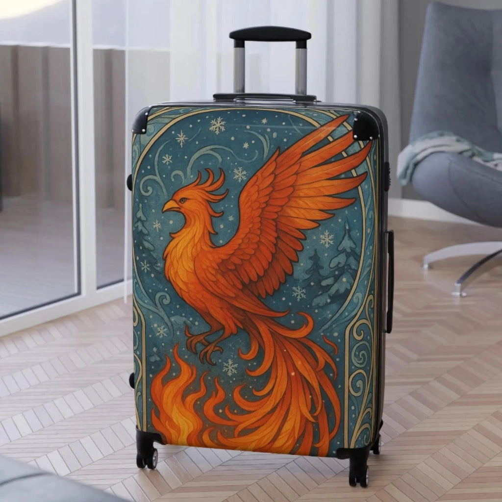 Phoenix design travel suitcase with vibrant orange bird and flames, mythological art luggage
