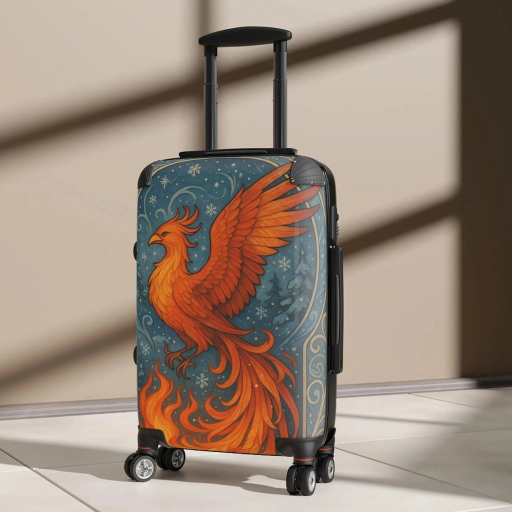 Phoenix design travel suitcase with vibrant orange bird and flames, mythological art luggage