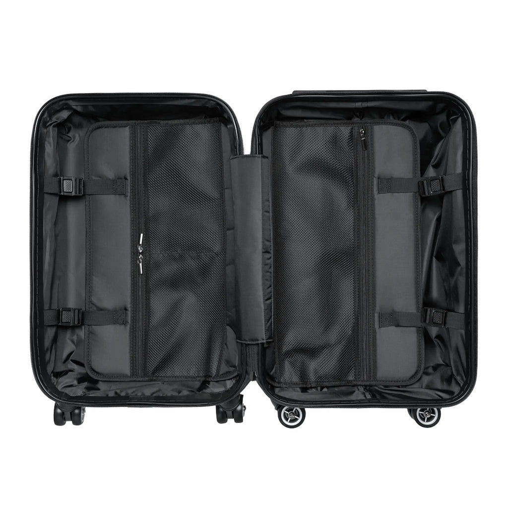 Phoenix design travel suitcase with vibrant orange bird and flames, mythological art luggage