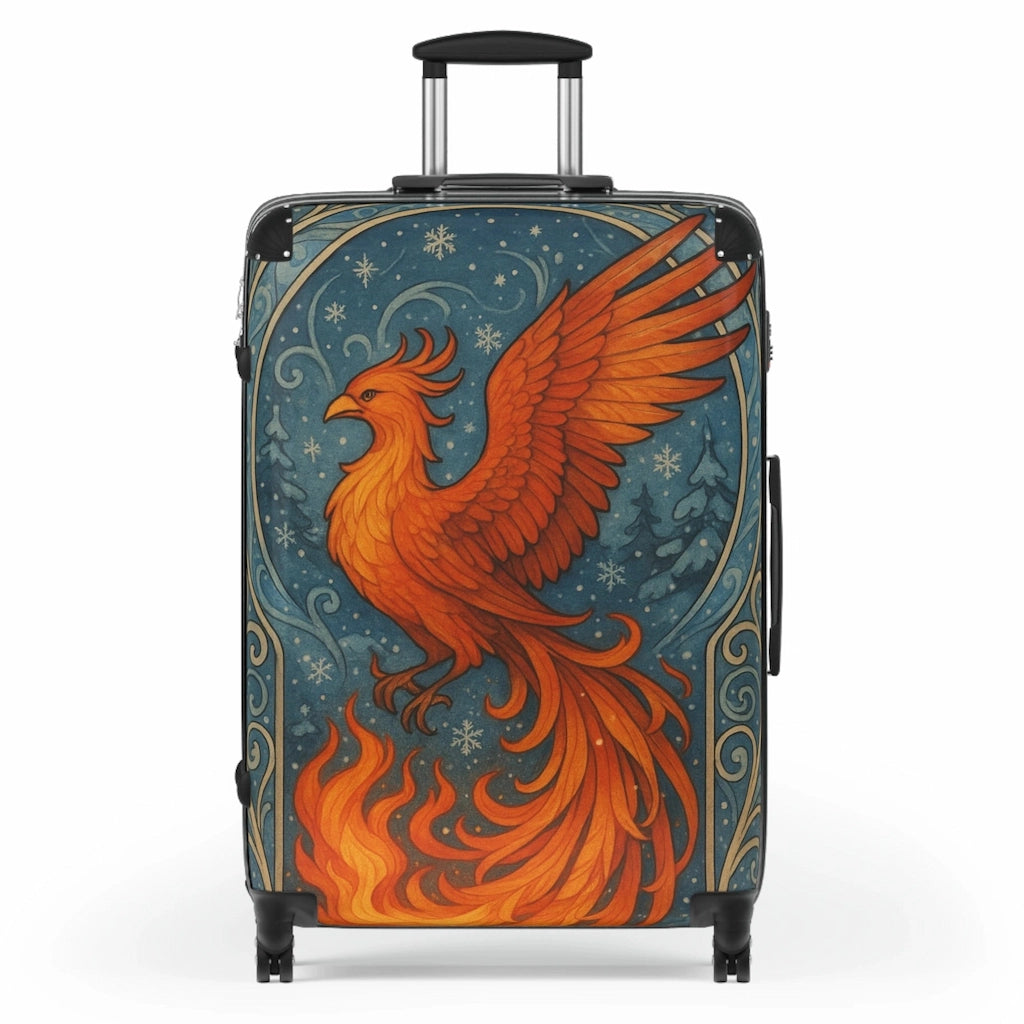 Phoenix design travel suitcase with vibrant orange bird and flames, mythological art luggage