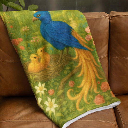 Plush velveteen blanket featuring a colorful phoenix with flowing orange and blue feathers,