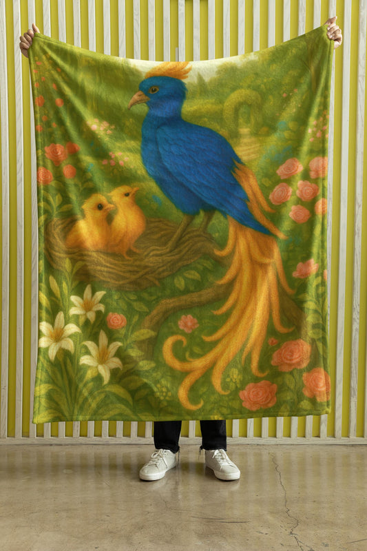 Plush velveteen blanket featuring a colorful phoenix with flowing orange and blue feathers,