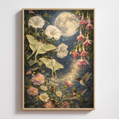 Fantasy art of hummingbirds, luna moths, bees, and flowers under a full moon at night.