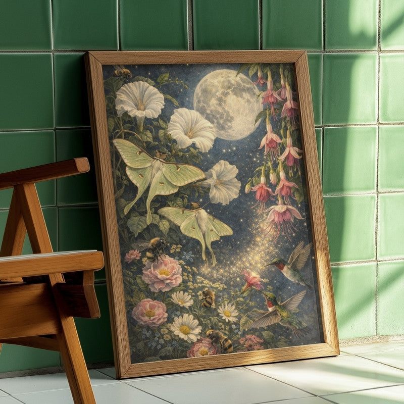 Fantasy art print with luna moths, bees, hummingbirds, flowers, and full moon at night.