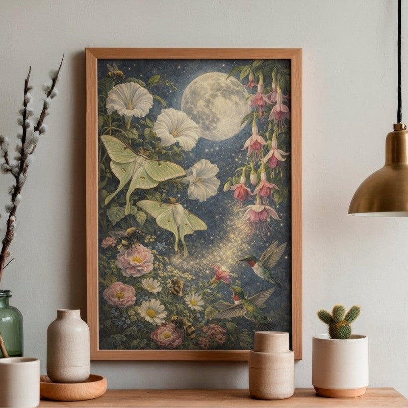 Fantasy wall art print with luna moths, bees, hummingbirds, and flowers under a full moon.