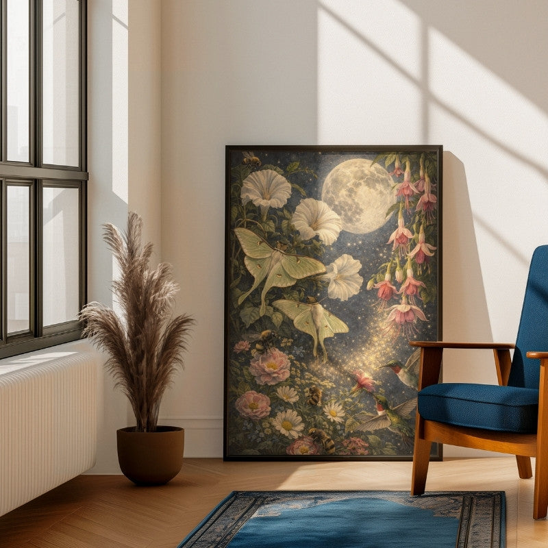 Fantasy art print featuring moths, flowers, bees, and a full moon in a cozy living room.