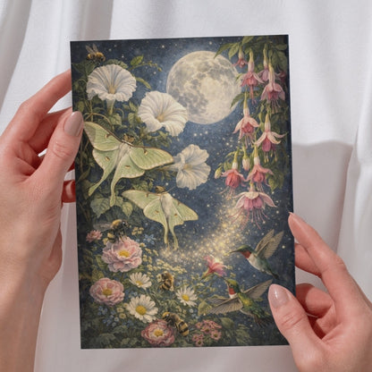 Fantasy art print with luna moths, hummingbirds, bees, moonlit flowers, and sparkling night sky
