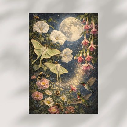 Fantasy pollinator art print with luna moths, bees, hummingbirds, flowers, and full moon.