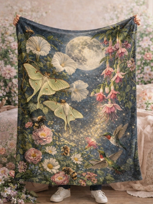 Plush velveteen blanket featuring botanical artwork of pollinators with flowers bees and butterflies