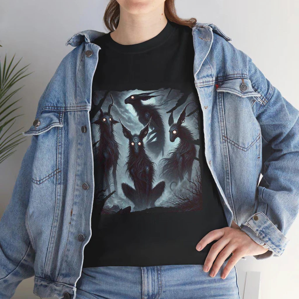 Black t-shirt with eerie fantasy creatures and glowing eyes, inspired by mythology and folklore