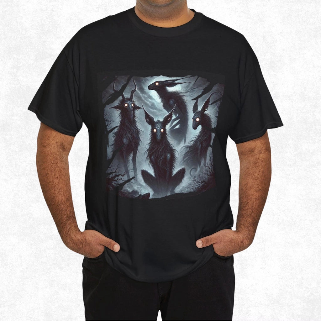 Black t-shirt with eerie fantasy creatures and glowing eyes, inspired by mythology and folklore