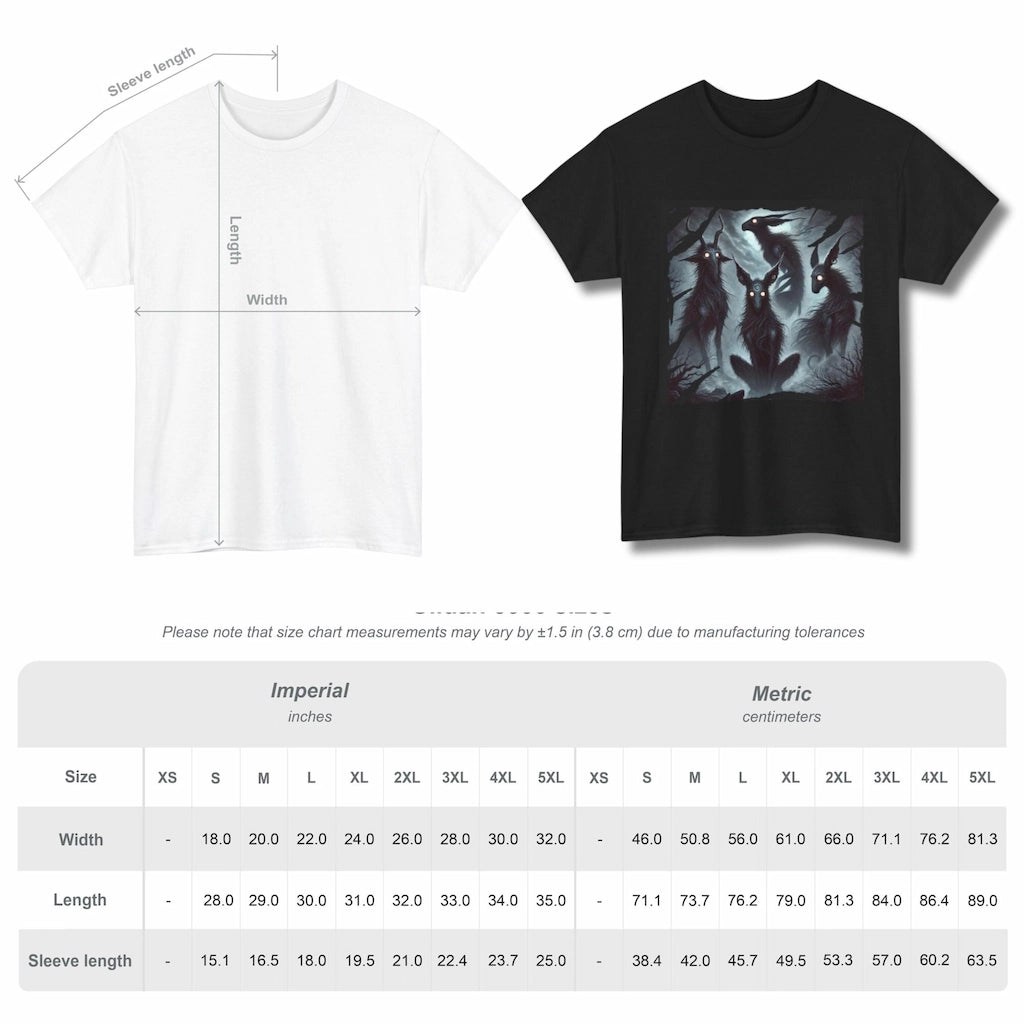 Black t-shirt with eerie fantasy creatures and glowing eyes, inspired by mythology and folklore