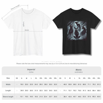 Black t-shirt with eerie fantasy creatures and glowing eyes, inspired by mythology and folklore