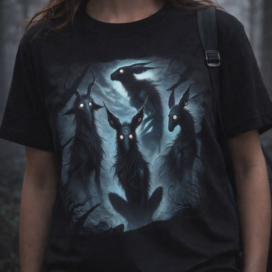 Black t-shirt with eerie fantasy creatures and glowing eyes, inspired by mythology and folklore