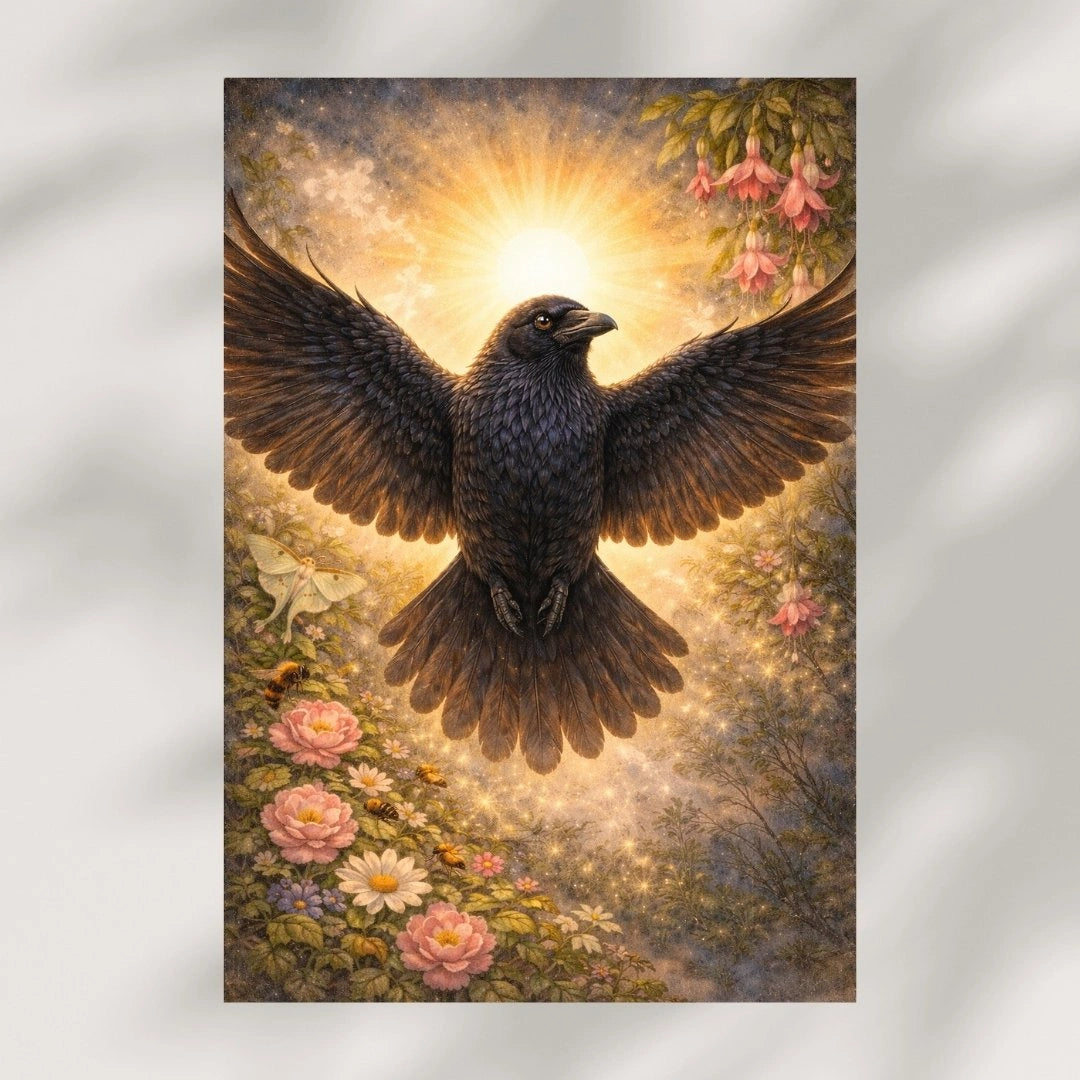Raven art print with outstretched wings, glowing sun, fantasy flowers, and mystical background