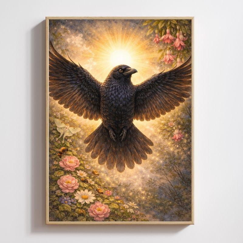 Raven art print with outstretched wings, sunburst background, flowers, and fantasy details