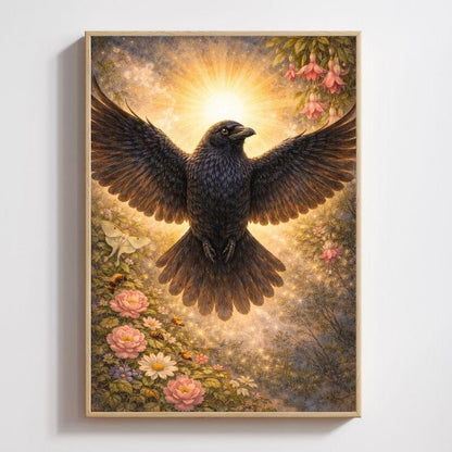 Raven art print with outstretched wings, sunburst background, flowers, and fantasy details