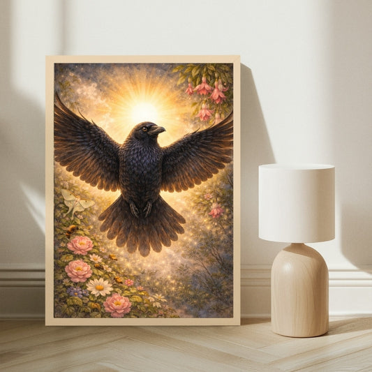Art print of a raven with outstretched wings, glowing sun, and floral background on display.