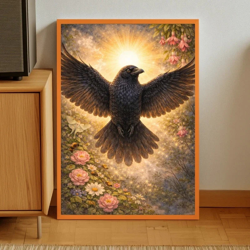 Fantasy raven art print with black bird, glowing sun, pink flowers, and magical forest background
