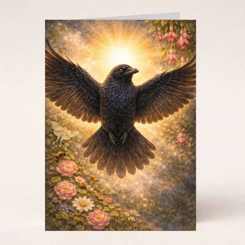 Fantasy raven art print with wings spread, glowing sun, flowers, and nature elements.