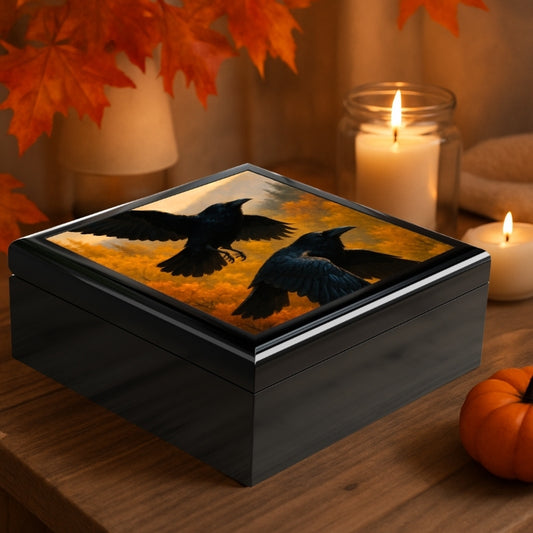 Black jewelry box with dual raven artwork, autumn leaves, candles, and pumpkin decor