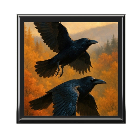 Two black ravens flying over autumn forest in a framed fantasy art print