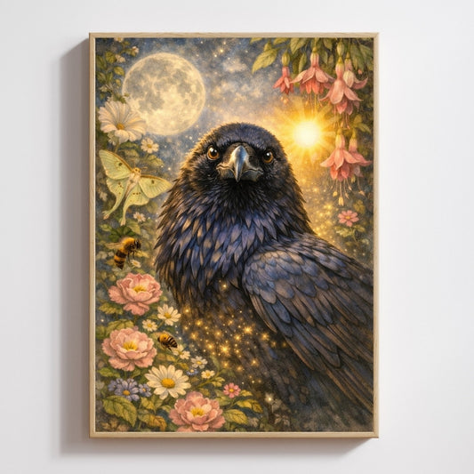 Raven surrounded by flowers, bees, full moon and glowing sun in symbolic botanical illustration wall art and greeting card.