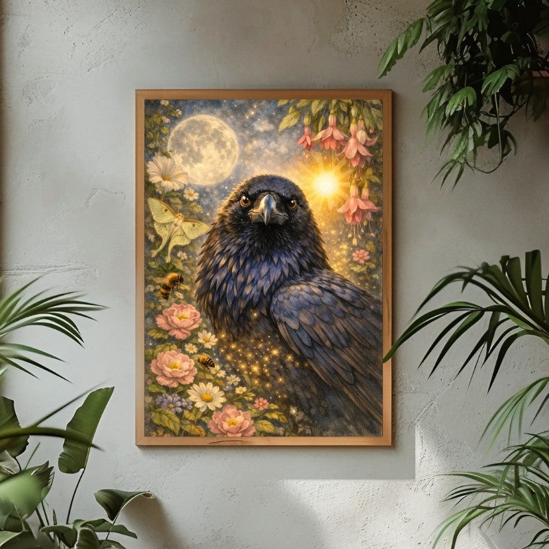 Fantasy raven art print with moon, sun, flowers, and butterflies in a magical garden setting