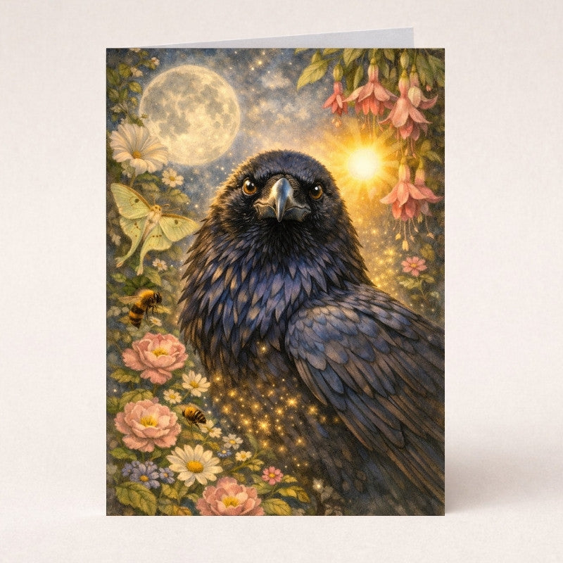 Raven art print with moon, sun, flowers, bees, and moth in a fantasy night garden