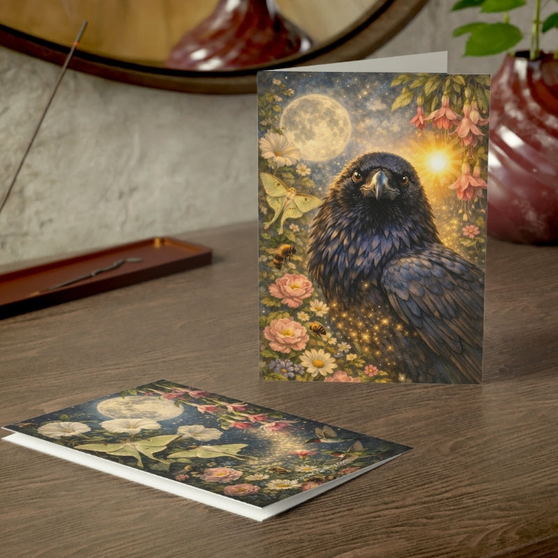 Mythical raven art print with sun, moon, flowers, moths, and sparkling fantasy details