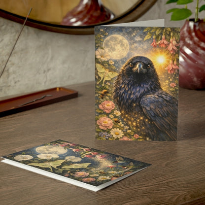 Mythical raven art print with sun, moon, flowers, moths, and sparkling fantasy details