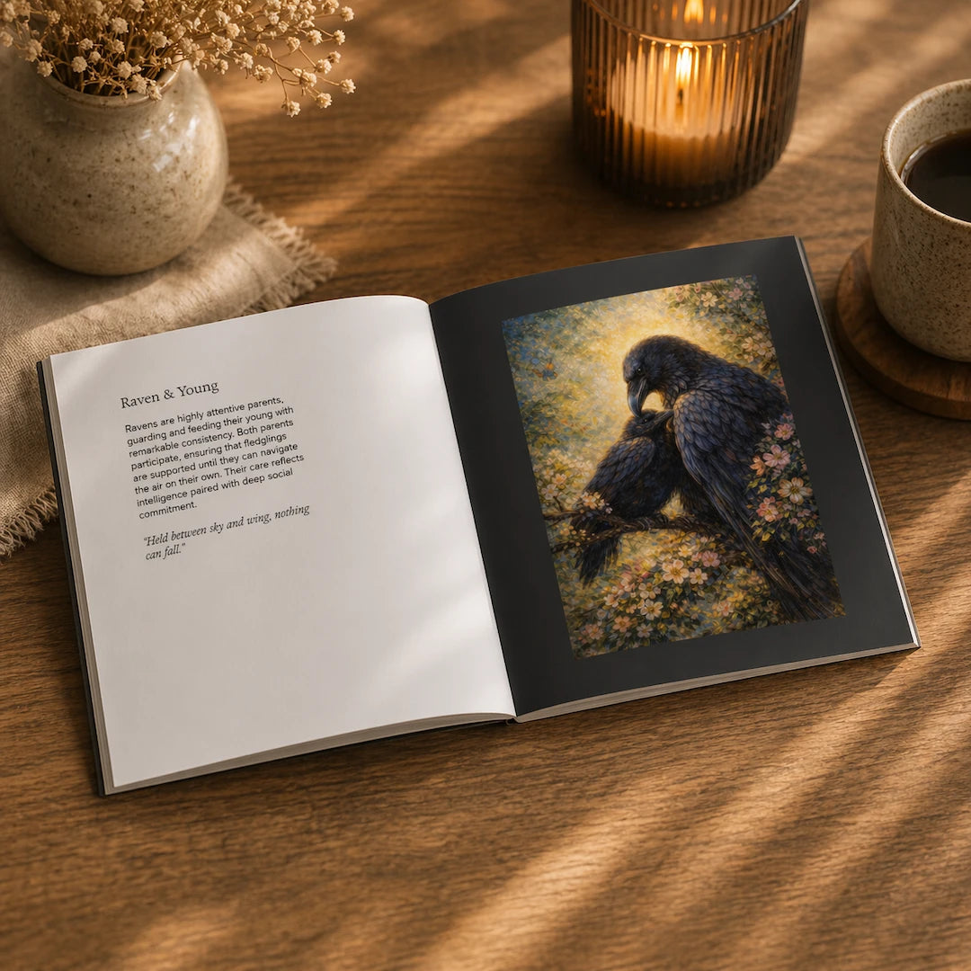 Open art book featuring raven mother and young illustration with text about parental care in wildlife