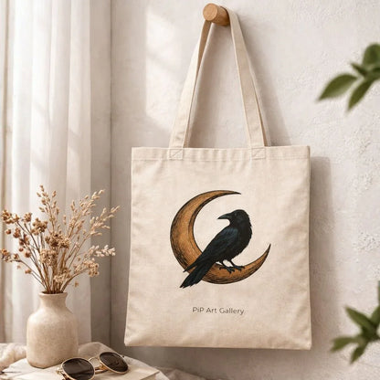 Cotton tote bag with raven and crescent moon design hanging on wall in cozy room