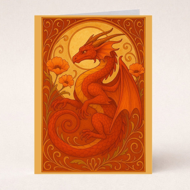 Fantasy art card with a red dragon, orange poppy flowers, and ornate decorative border