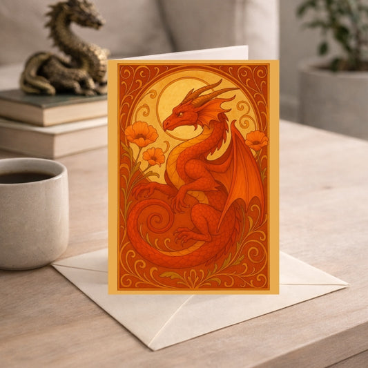 Fantasy art greeting card with a red dragon, floral details, and a sun motif on a table